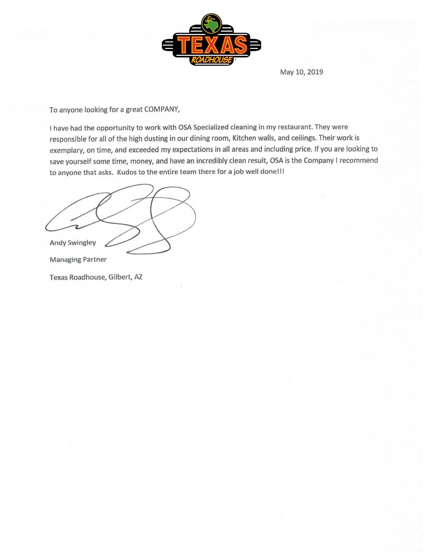 Texas Roadhouse Gilbert Testimonial