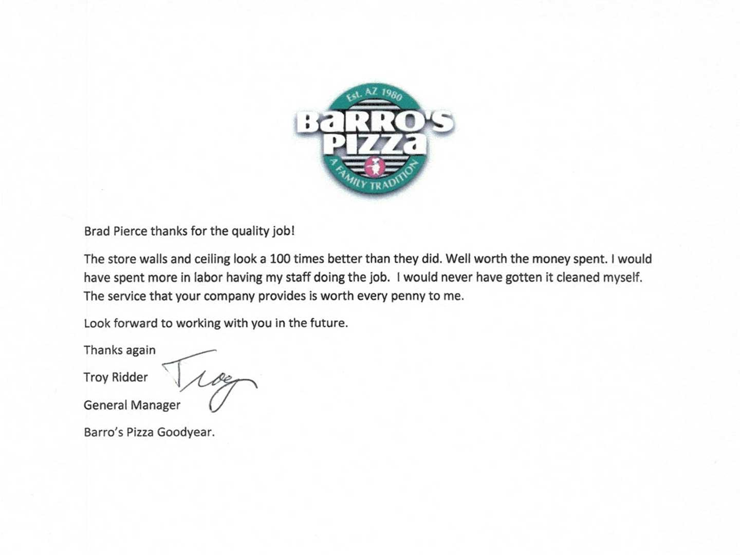 Barros Pizza Testimonial