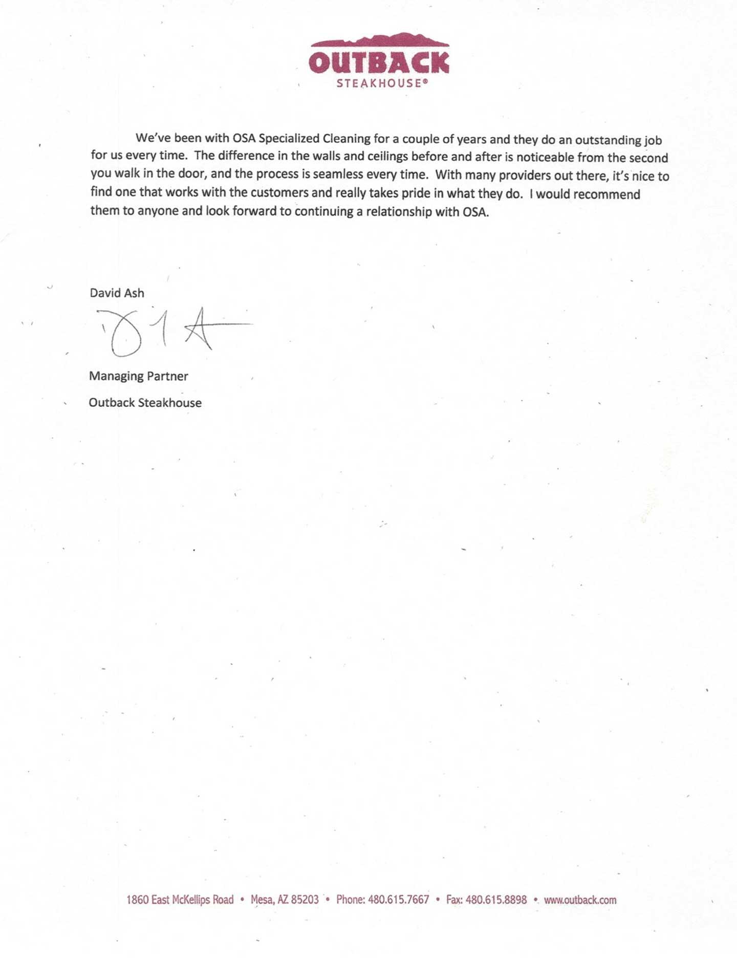 Outback Steakhouse Testimonial