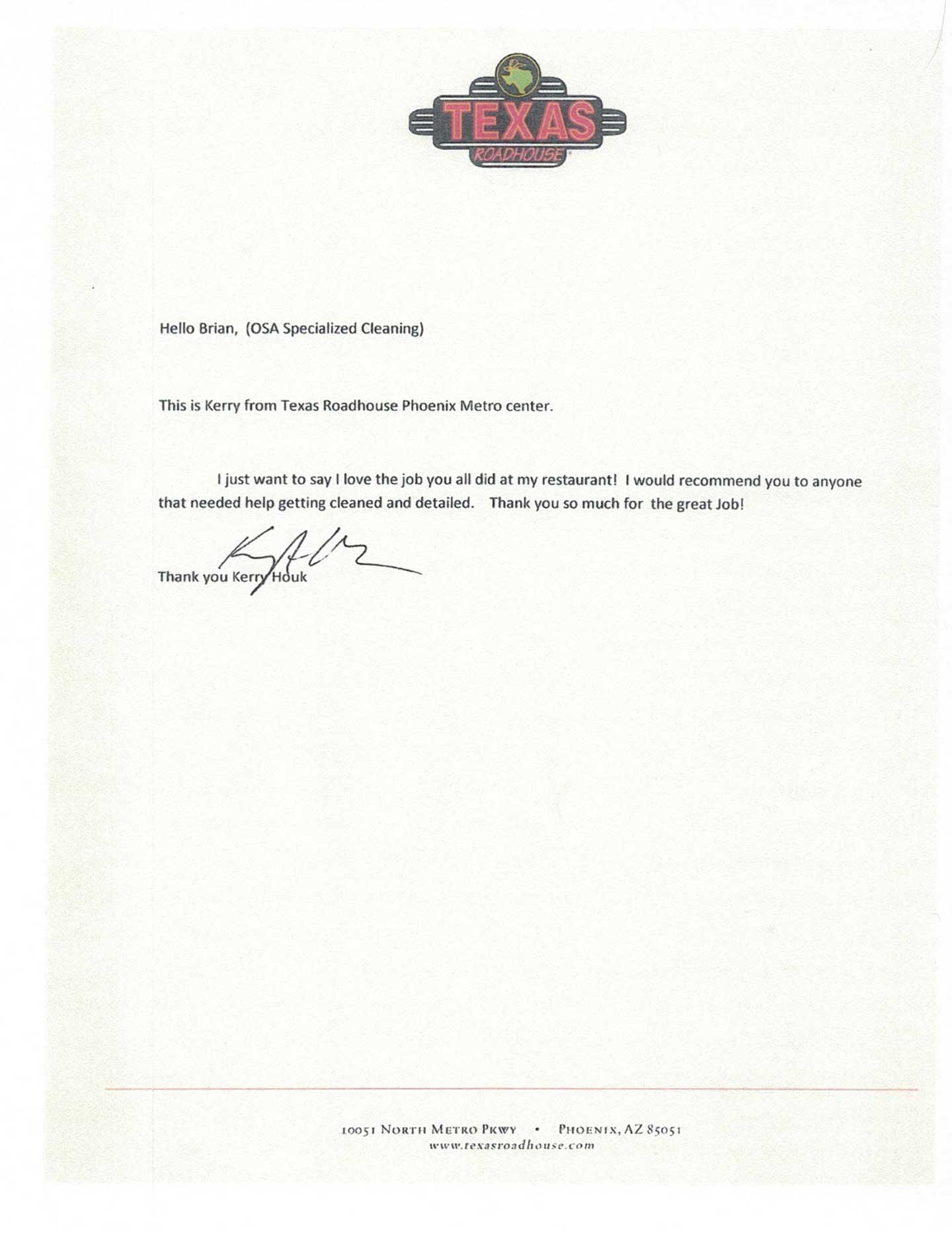 Texas Roadhouse Phoenix Testimonial